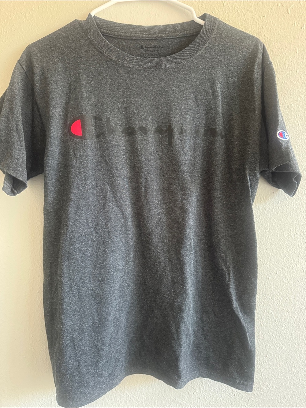 Champion Heather Charcoal Short-Sleeve Logo Tee with Red Accent